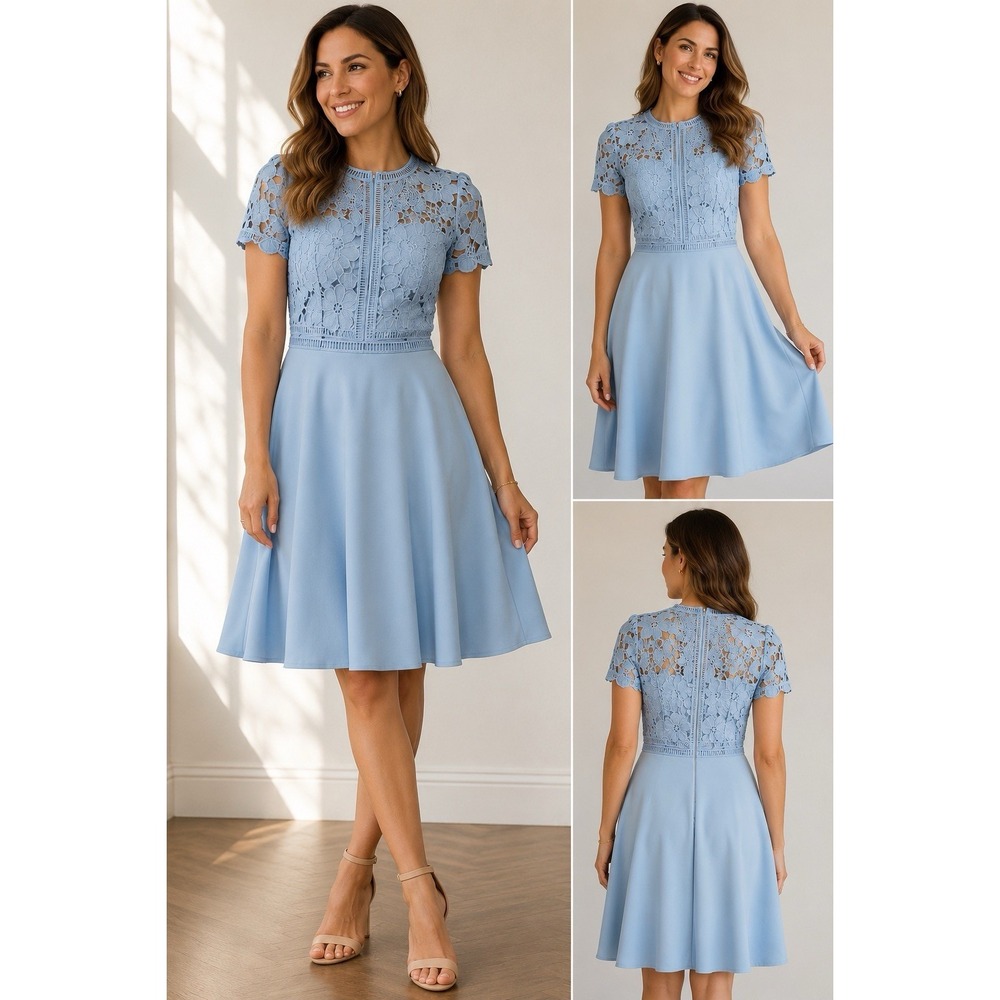Ivanka Trump NWT Women's 14 Blue Floral Lace Short Sleeve Round Neck Fit & Flare